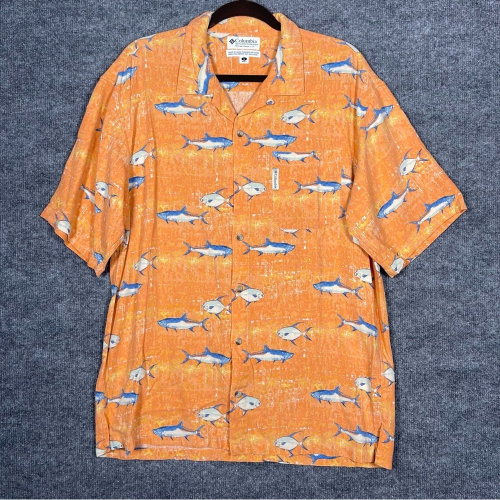 Columbia Mens Large 100% Silk Orange Fishing Button Down Short‎ Sleeve Shirt VTG